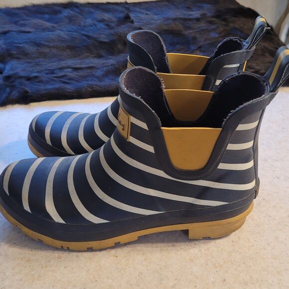 JOULES Womens Wellibob Short Rain Boots 7 Navy Yellow Stripe Waterproof Ankle - Picture 8 of 9